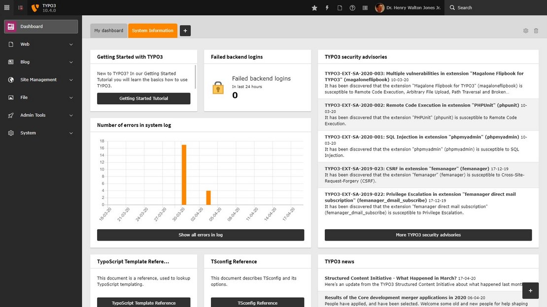 Das Dashboard von TYPO3 10.4LTS